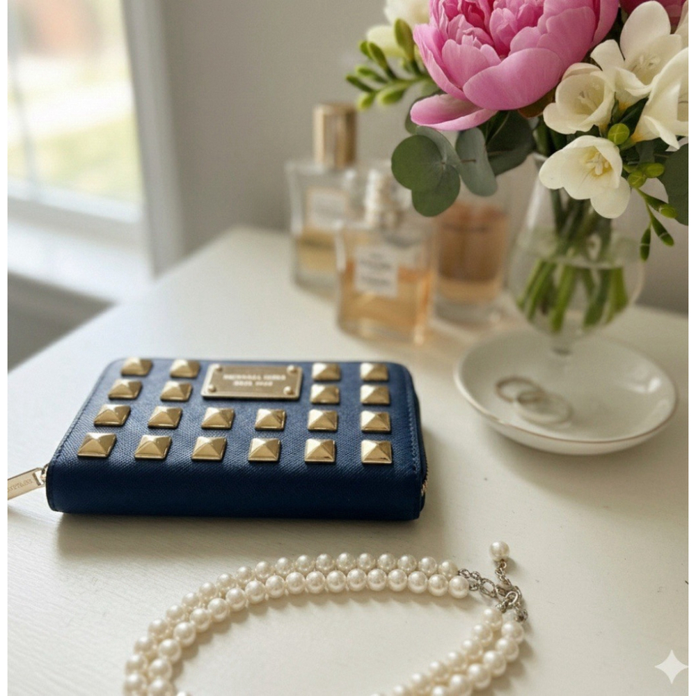 Michael Kors Navy and Gold Studded Grayson Wristlet Small Clutch